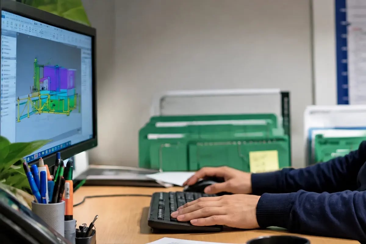 Wastech engineer reviewing technical CAD drawings during the design phase of waste equipment development