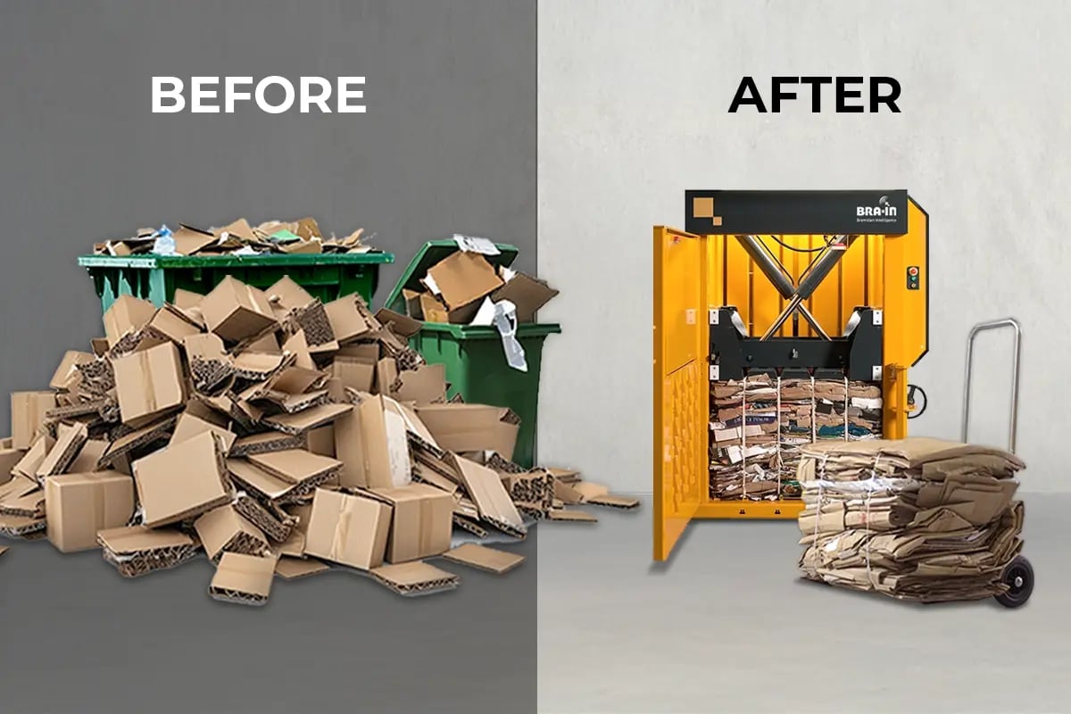 Compact vertical baler machine installed in small retail store backroom with minimal space footprint