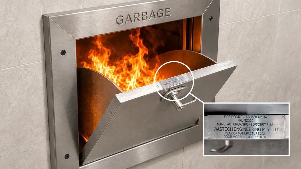 Close-up of a fire-rated chute loading door with sprinkler protection at the throat