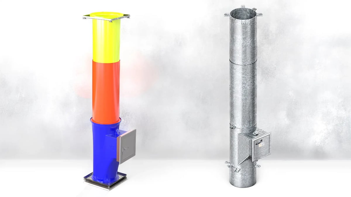 LLDPE plastic chute tube section beside a 304 stainless steel chute loading door