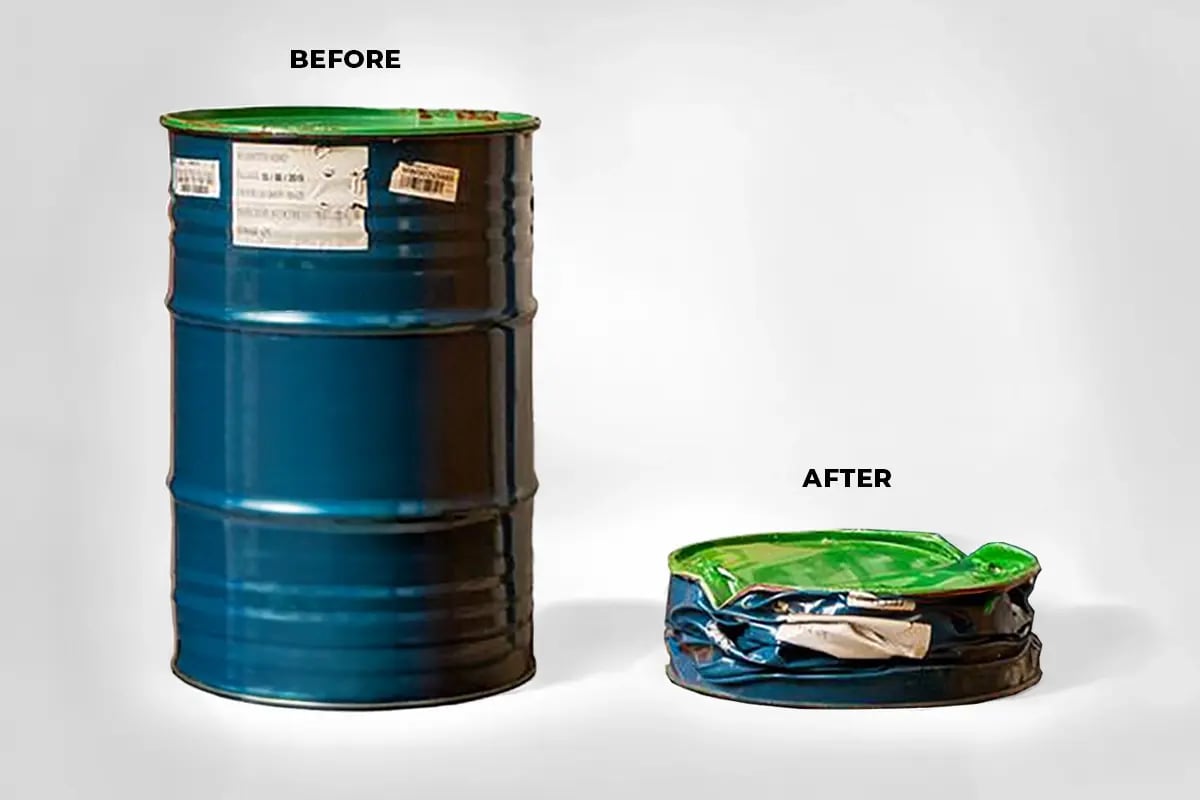 DP16 drum press compacting a steel drum by up to 90% before disposal