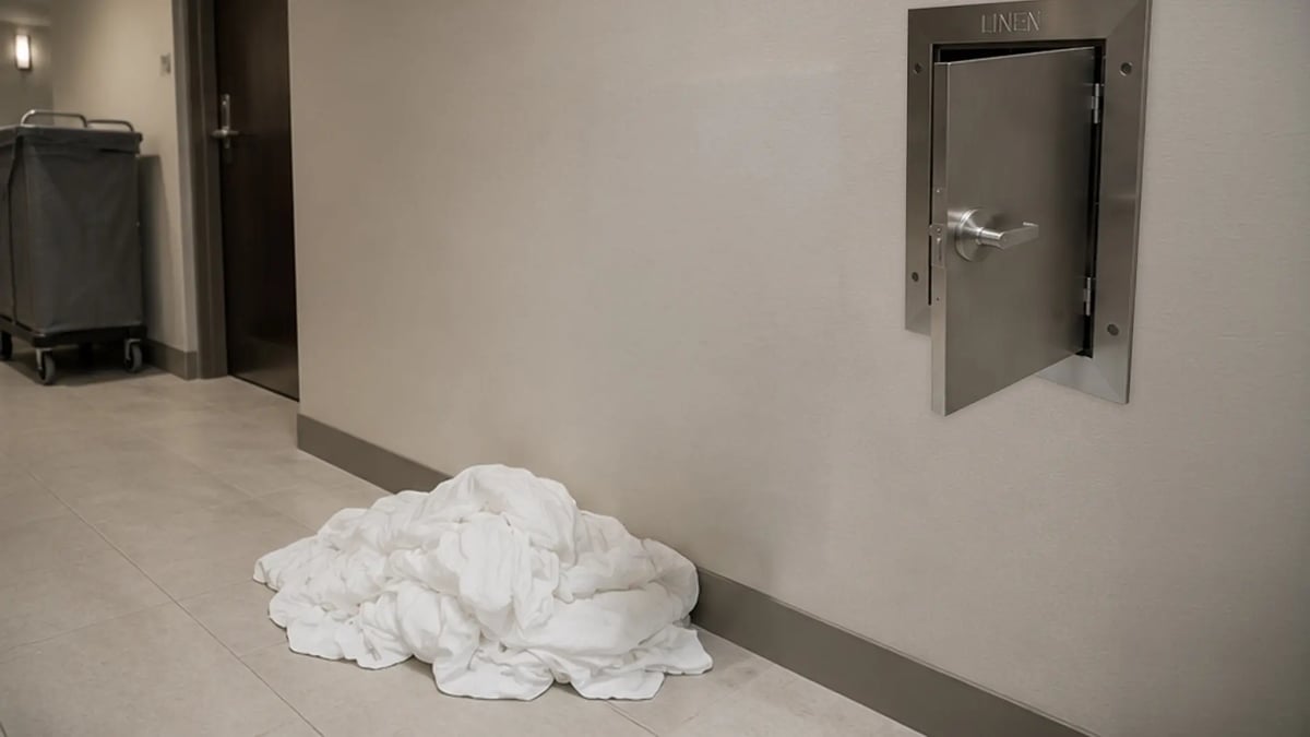 Key-locked linen chute door in a hotel service corridor for soiled linen disposal