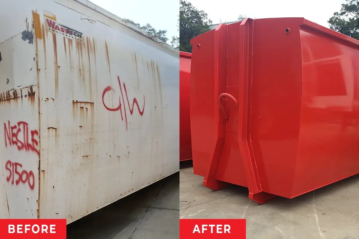 Before and after comparison of a refurbished waste transfer trailer restored to full operating condition